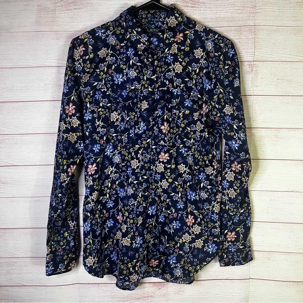 Lauren Ralph Lauren Navy Blue 100%‎ Cotton Long Sleeve Button Up Shirt Medium